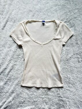 Women's Cream Lace Ribbed V-Neck Short Sleeve Top